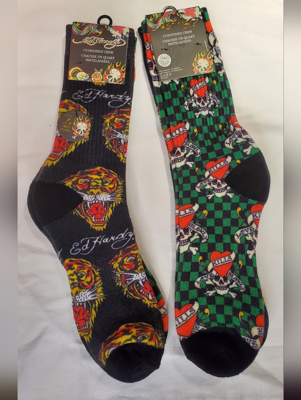 87. NEW - Ed Hardy Tigers & Skulls Cushioned Crew Socks - 2 Pair
